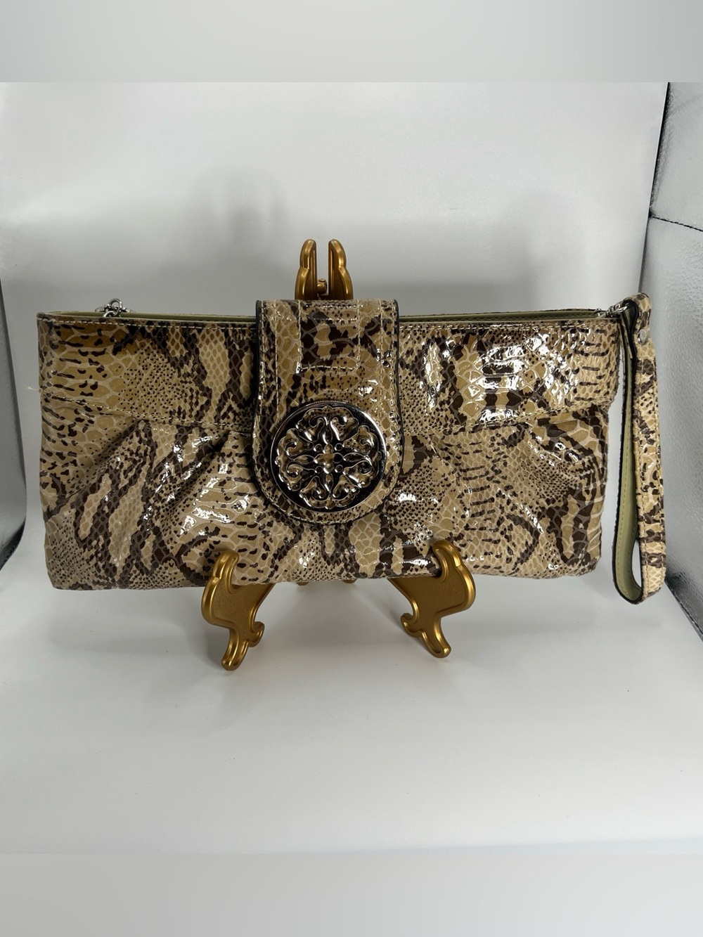 Solina Snakeskin Print Leather Clutch Wristlet Handbag Tan Python Glossy 11x5